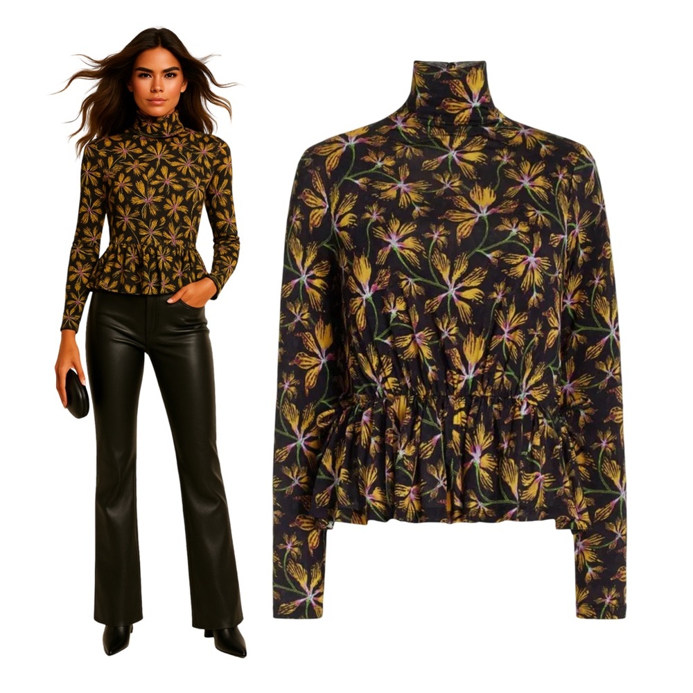 Ulla Johnson Black Floral Print Long Sleeve Turtleneck Top